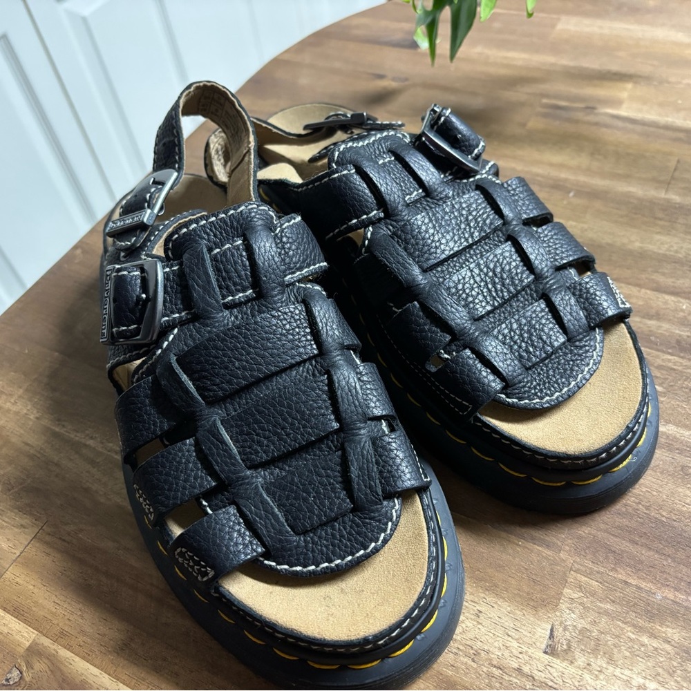 Dr. Martens Black Leather Woven Fisherman Sandals with Yellow Welt Stitching